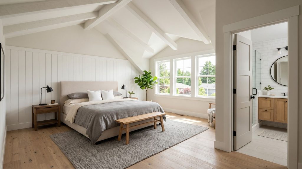 Second floor addition cost interior example, primary bedroom suite with vaulted ceilings and dormer windows in a completed second story addition