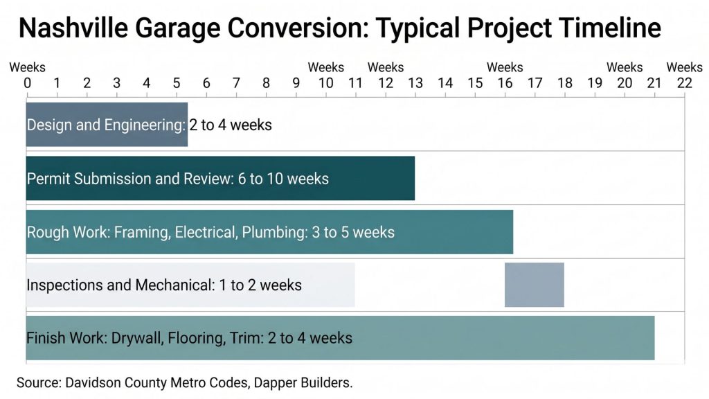 Nashville garage conversion permit timeline showing 6 to 22 week project phases