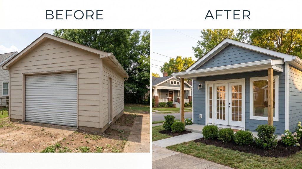 Before and after of Nashville detached garage converted to ADU with exterior finish